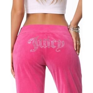 Juicy Couture Pink Velour Pant Women M Wide Leg Rhinestone Logo Y2K Low Rise New